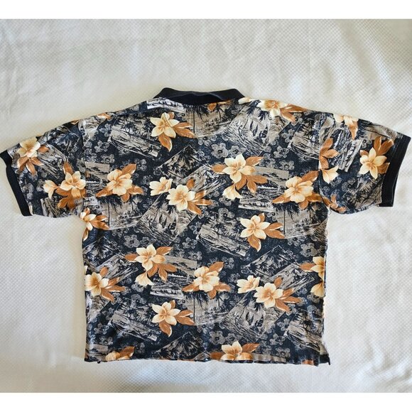 Caribbean Joe Mens Hawaiian Floral Polo Shirt XL Navy/Orange Cotton Blend - Picture 2 of 7
